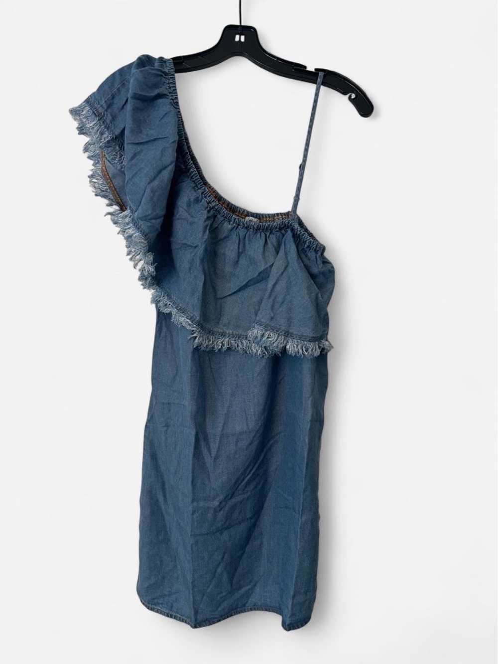 One-Shoulder Denim Ruffle Dress in Blue